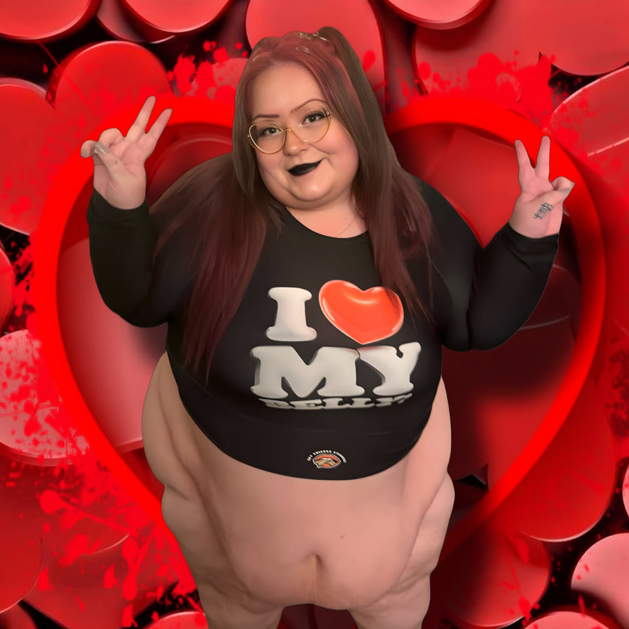 I Love My Belly Crop Top – Plus Size Long Sleeve, Eco-Friendly Recycled Fabric, Body Positive Activewear, Athleisure & Swim