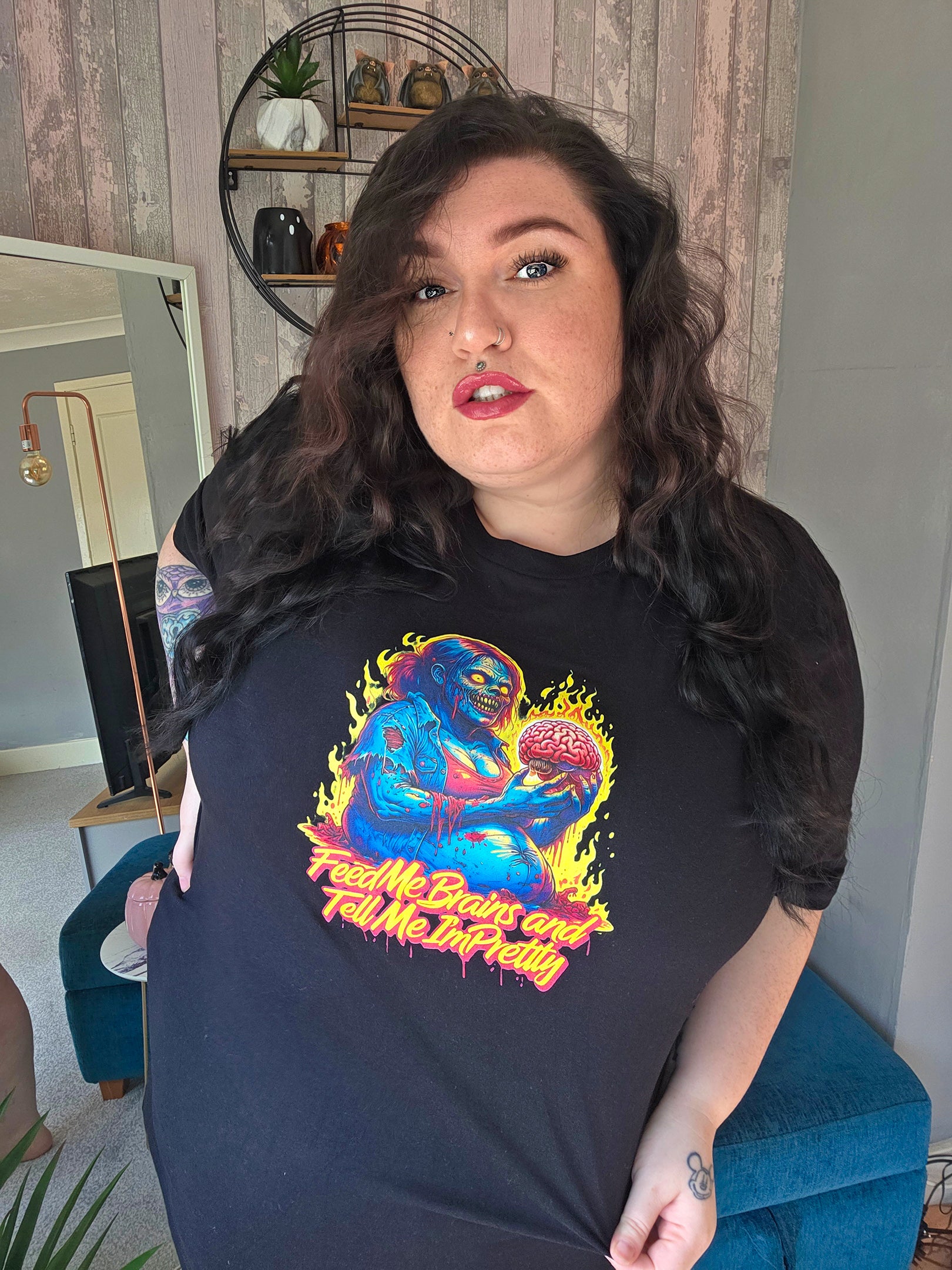 Feed Me Brains Shirt, Zombie Girl Tee, Horror Plus Size T-Shirt, Halloween Graphic Tee, Curvy Zombie Shirt, Creepy Cute Unisex Tee