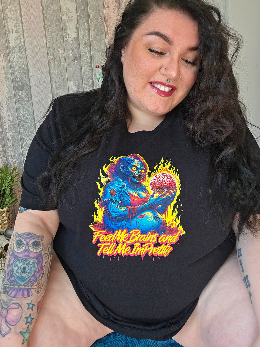 Feed Me Brains Shirt, Zombie Girl Tee, Horror Plus Size T-Shirt, Halloween Graphic Tee, Curvy Zombie Shirt, Creepy Cute Unisex Tee