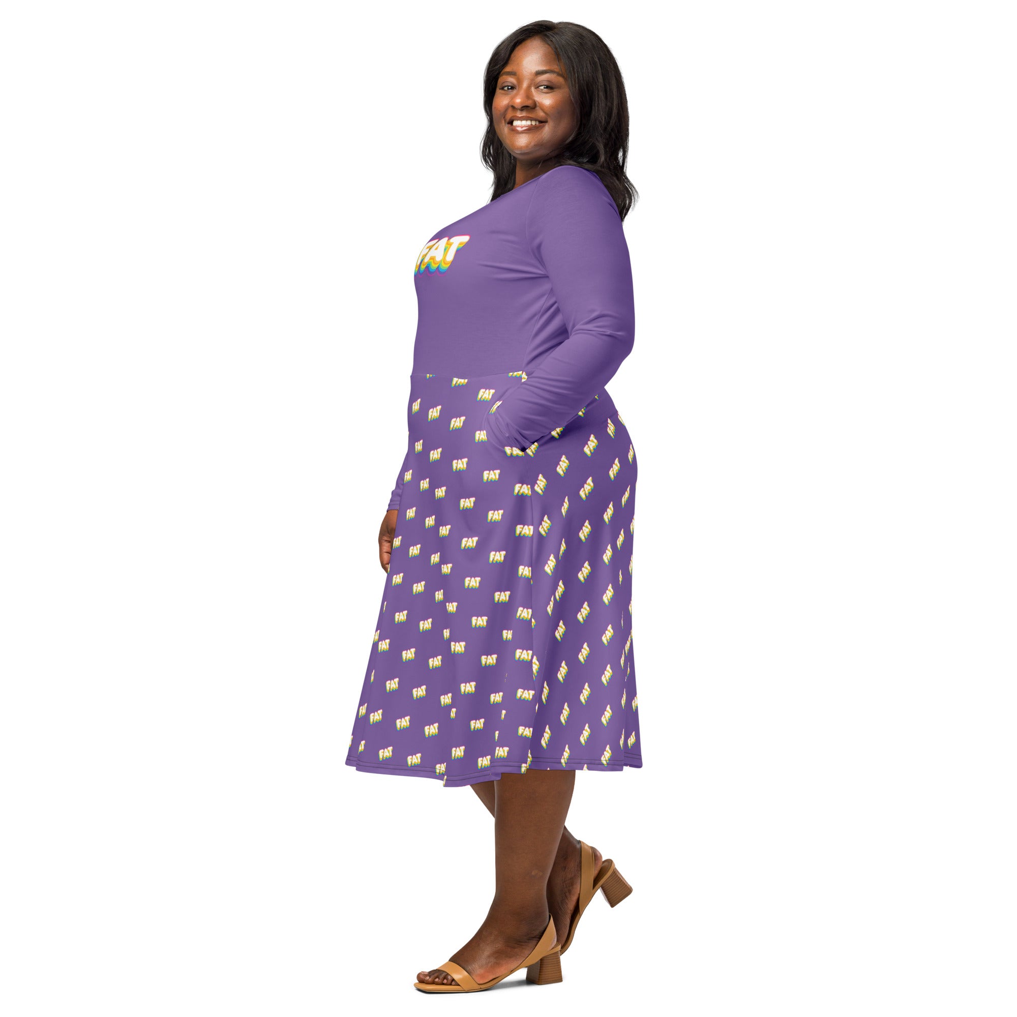 FAT Pride Midi Dress – Bold Curvy Rainbow Lettering with All-Over Print Skirt | Sizes Up to 6XL