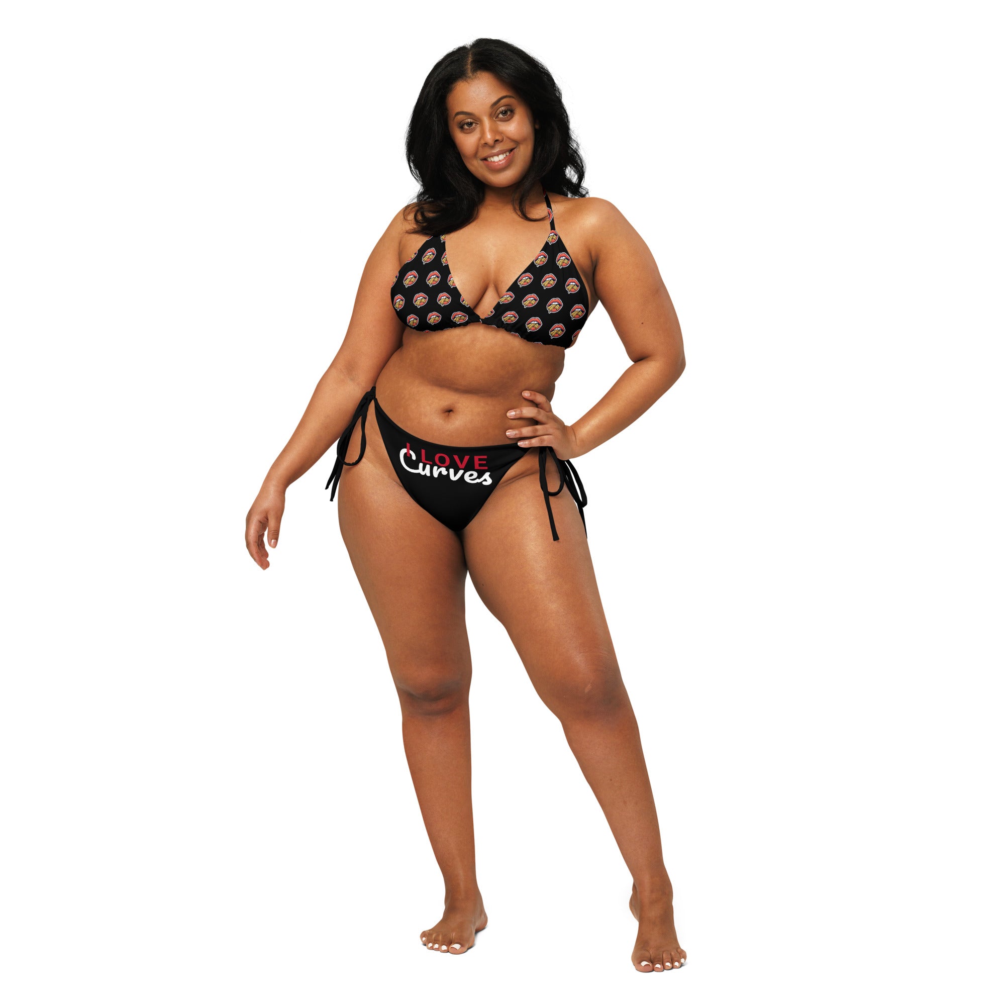 I Love Curvy Latinas Bikini | Recycled String Bikini | Plus Size Swimwear up to 6XL | Body PositiveAll-over print recycled string bikini